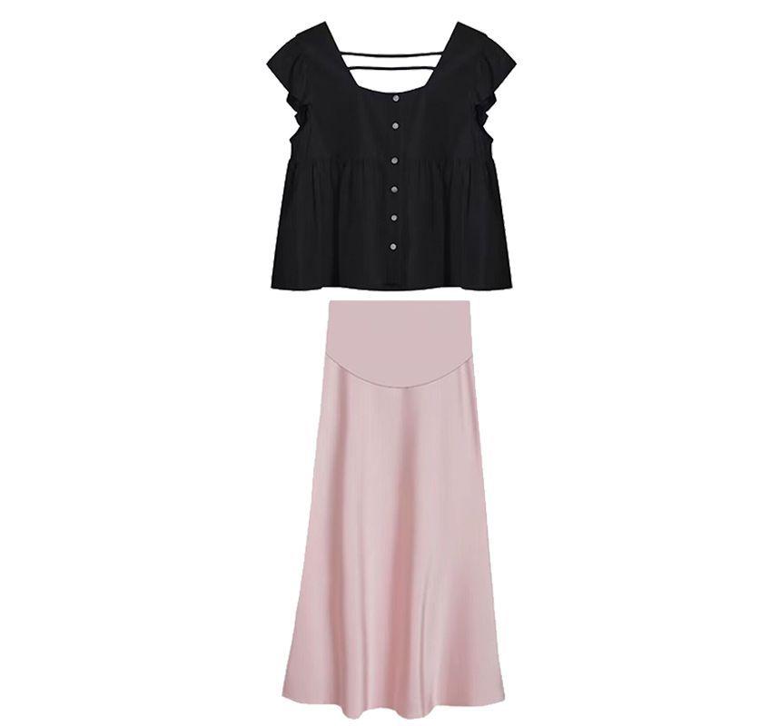 Maternity Cap-Sleeve Square Neck Plain Blouse / High Rise Slit Midi A-Line Skirt / Set Product Image