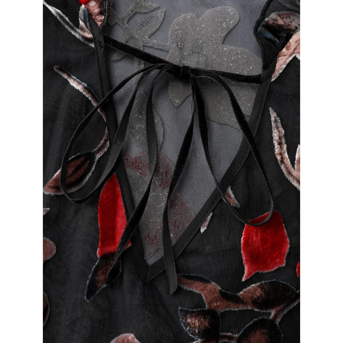 Plus Size Black Flock Floral Ruffled Cuff Blouse Women Romantic Extra Long Sleeve Deep V-neck Elegant Blouses BloomChic 12/L Product Image