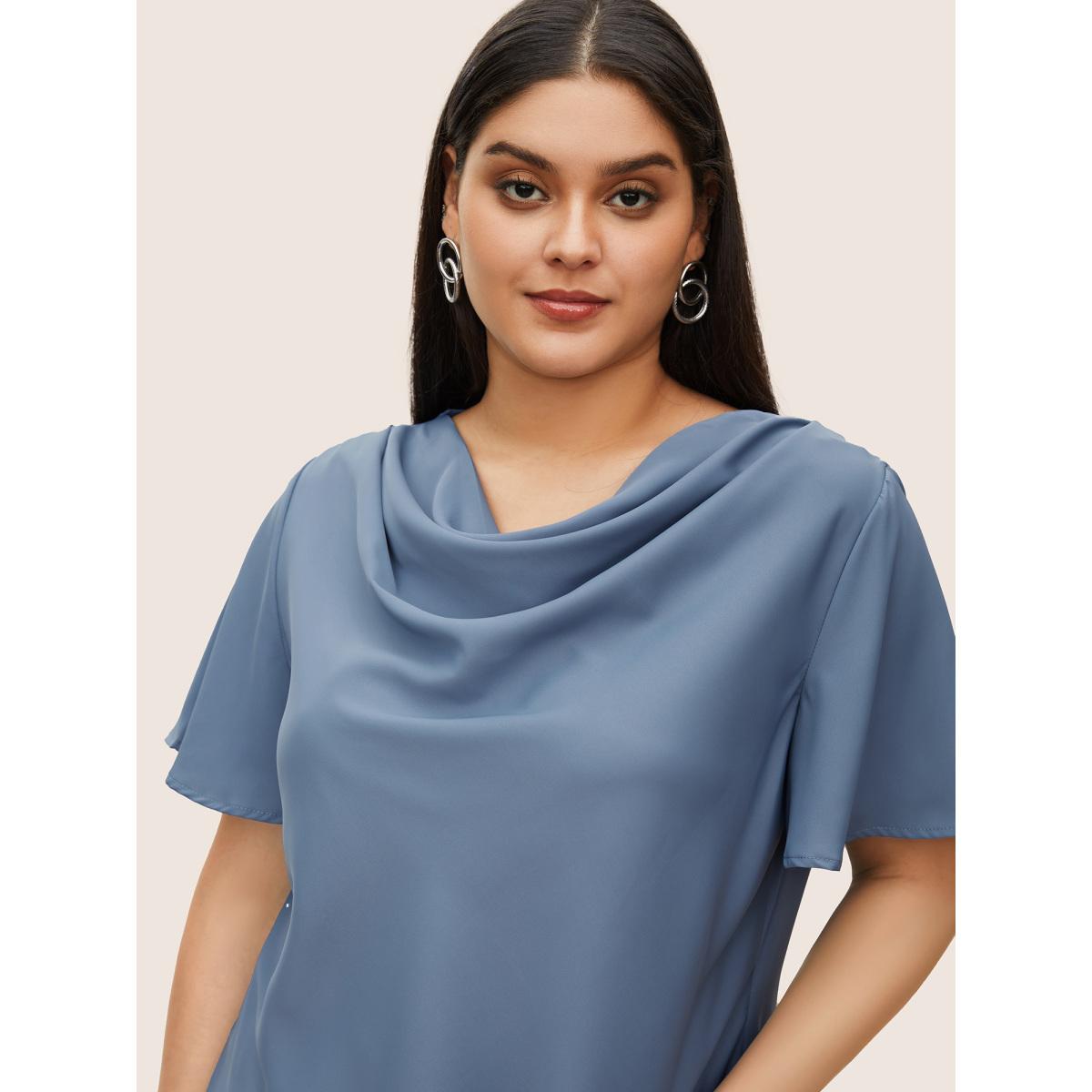 Plus Size Stone Plain Cowl Neck Ruffle Sleeve Blouse Women Work From Home Short sleeve Cowl Neck Work Blouses BloomChic 18-20/2X Product Image