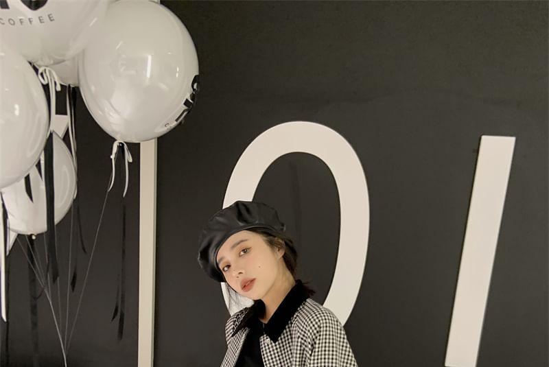 Gingham Contrast Collar Button-Up Shirt Jacket / High Waist Pleated Mini A-Line Skirt Product Image