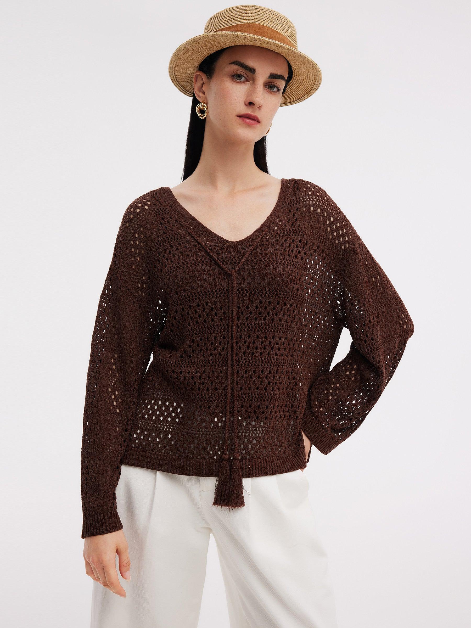 Linen Blend Openwork Pullover And Knit Tank Two-Piece Set Product Image