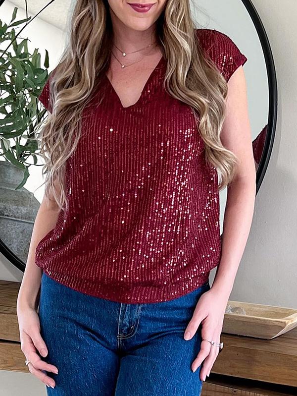 Batwing Sleeves Loose Sequined Shiny V-Neck T-Shirts Tops Product Image