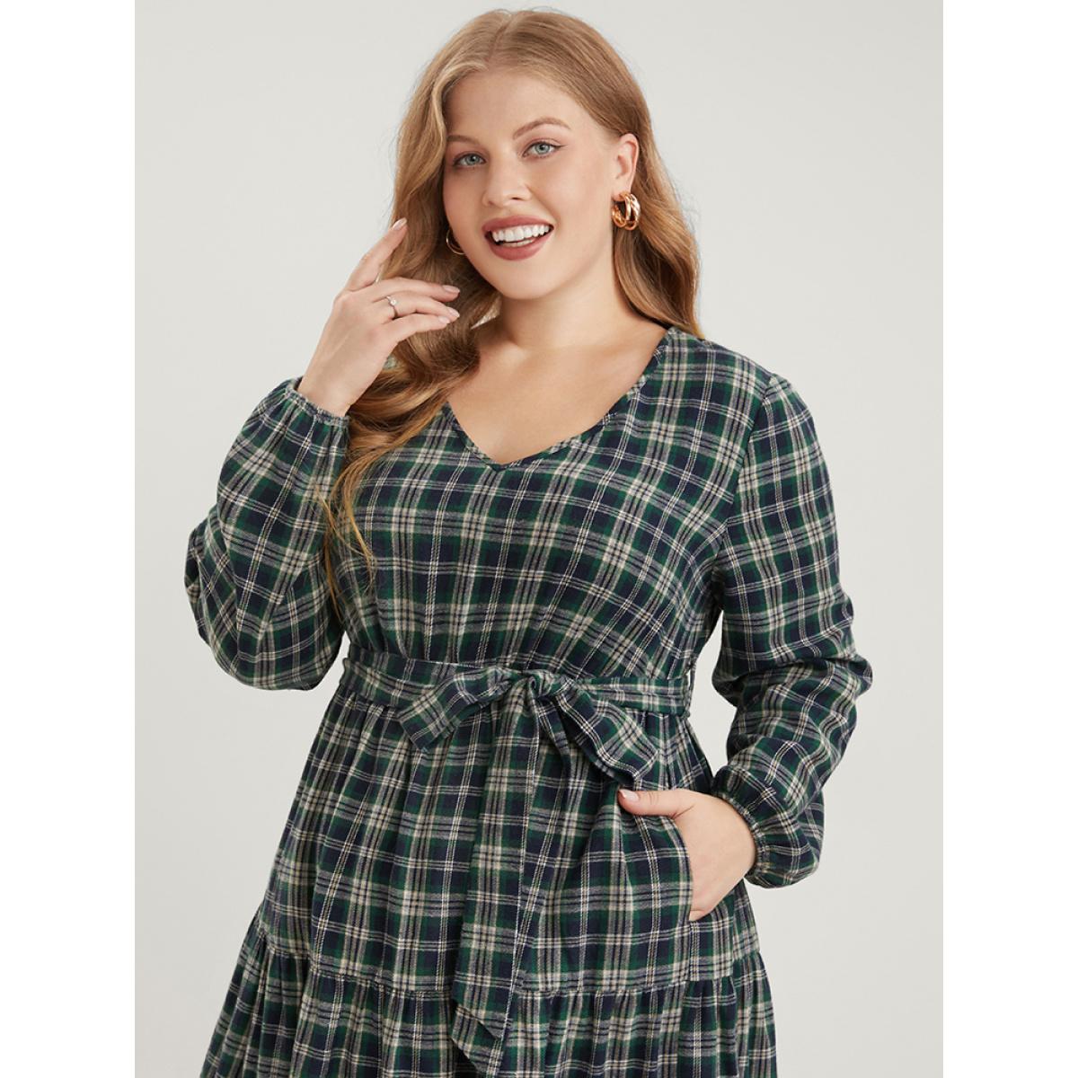 Plus Size Tartan Pocket Belted Lantern Sleeve Ruffle Tiered Dress Emerald Women Casual V-neck Long Sleeve Curvy Midi Dress BloomChic 28/5X Product Image