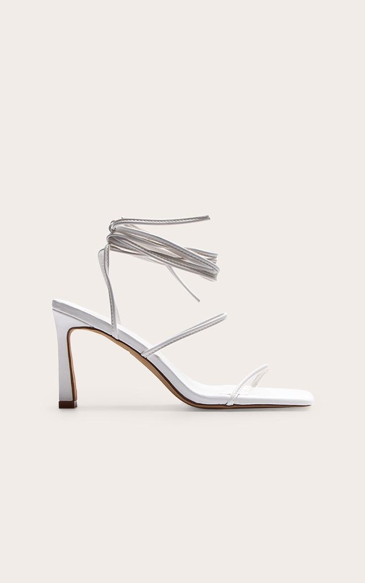 White Pu Square Toe Strappy Lace Up Mid Stiletto Heeled Sandals Product Image