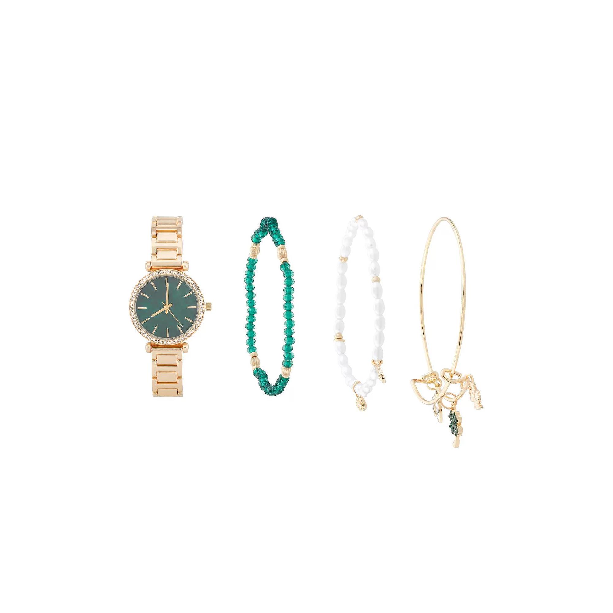 Jessica Carlyle Gold-Tone Watch & Bracelet Set with Crystal Accents & Beaded Details, Women's, Size: Medium Product Image