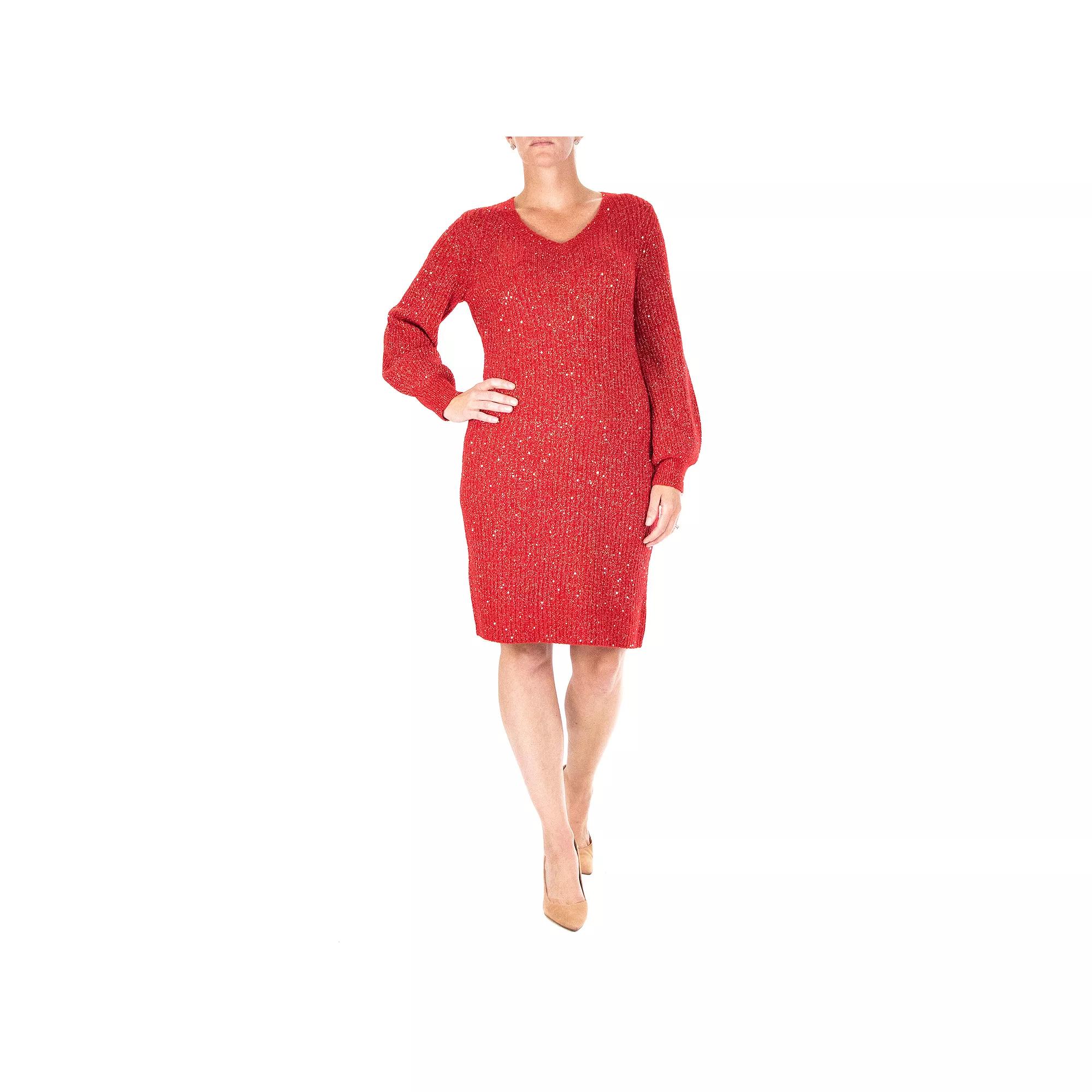 Women's Nina Leonard Sequin Sweater Dress, Size: Small, Red Team Product Image