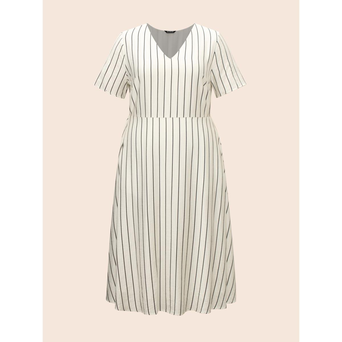 Plus Size Striped V Neck Pocket Midi Dress Ivory Women Casual Non V-neck Short sleeve Curvy BloomChic 14-16/1X Product Image