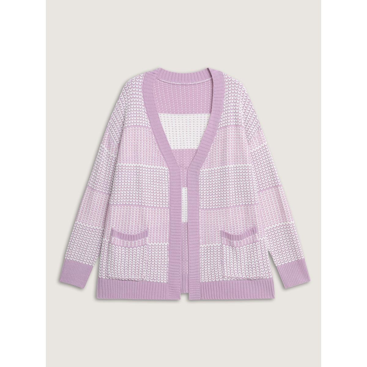 Plus Size Color Stripes Pockets Textured Knit Cardigan Lilac Women Loose Long Sleeve Casual Cardigans BloomChic 10/M Product Image