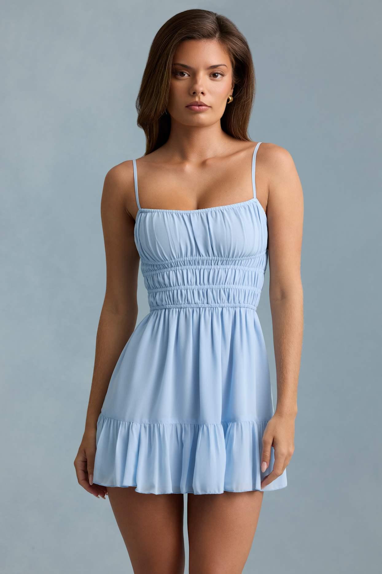 Shirred Camisole Mini Dress in Sky Blue Product Image