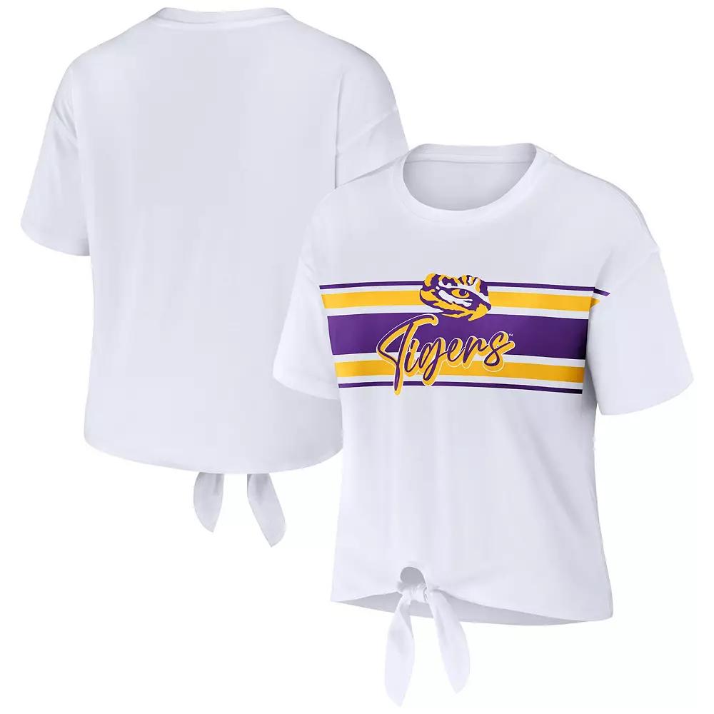 Women's WEAR by Erin Andrews White LSU Tigers Striped Front Knot Cropped T-Shirt, Size: XL Product Image