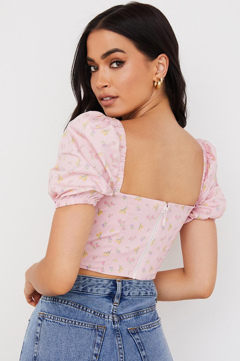 Arianna  pink floral puff sleeve corset Product Image