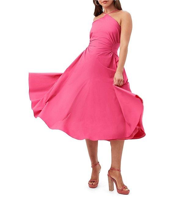 Trina Turk Kata Stretch Poplin Halter Neck Sleeveless Ruched A-Line Midi Dress Product Image