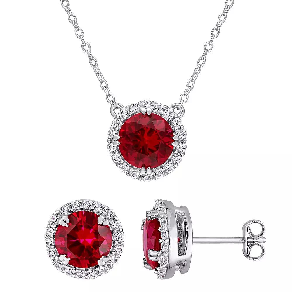 Stella Grace Sterling Silver Lab-Created Ruby & Lab-Created White Sapphire Halo Earring & Pendant Necklace Set, Women's, Size: 18" Product Image