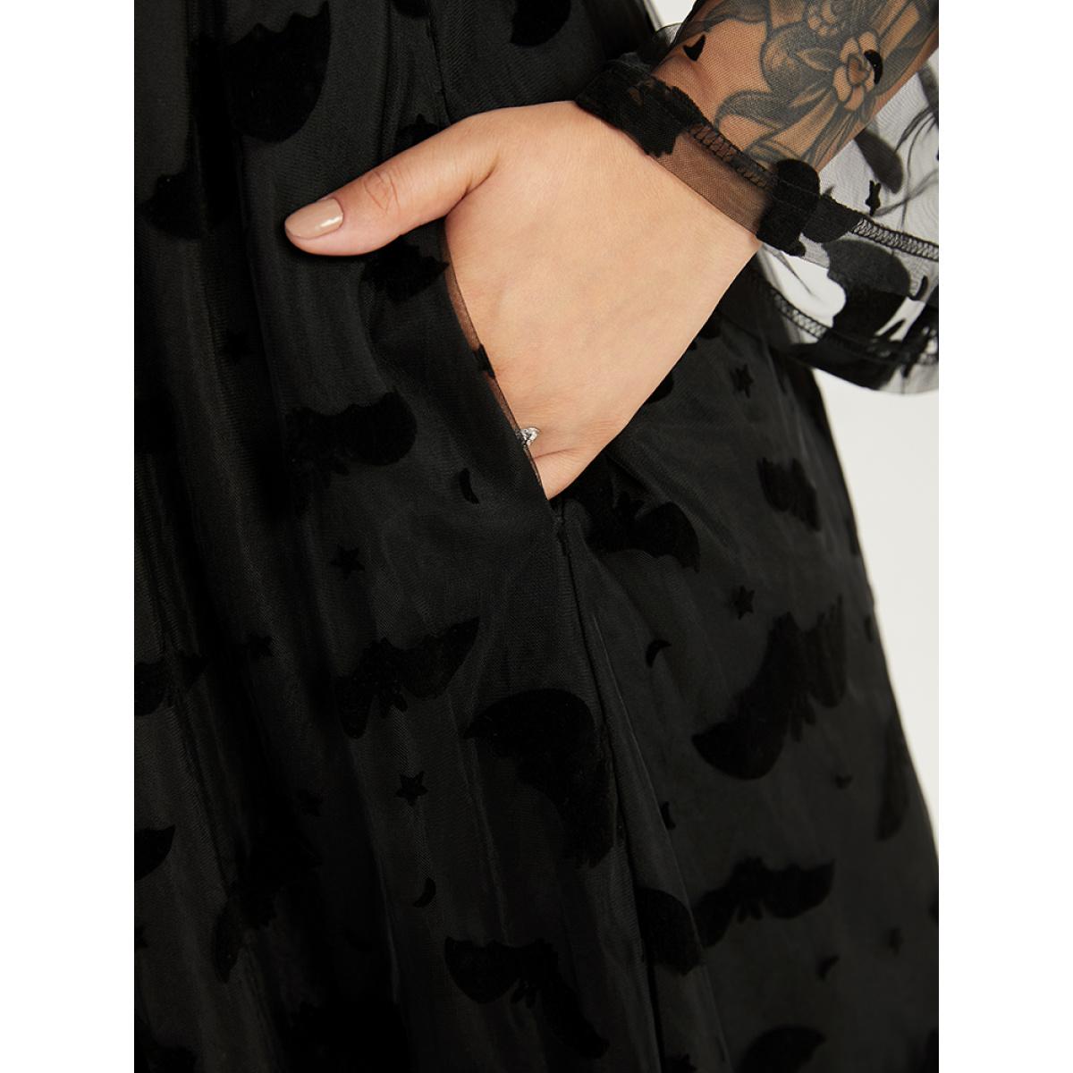 Plus Size Halloween Bat Print Mesh Long Sleeve Dress Black Women Elegant See through Round Neck Long Sleeve Curvy Midi Dress BloomChic 30/6X Product Image