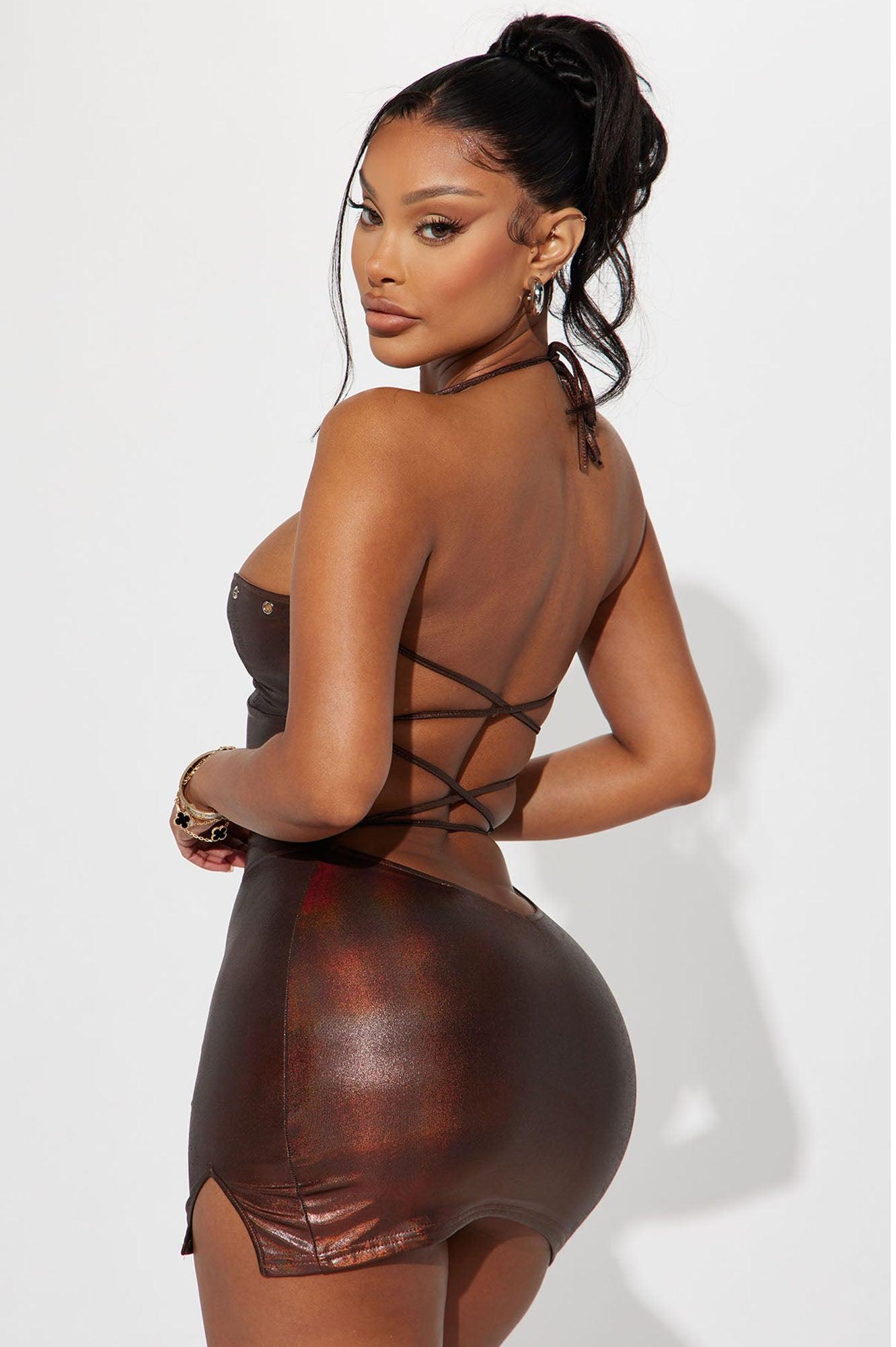 Ashlynn Lace Up Mini Dress - Chocolate Product Image