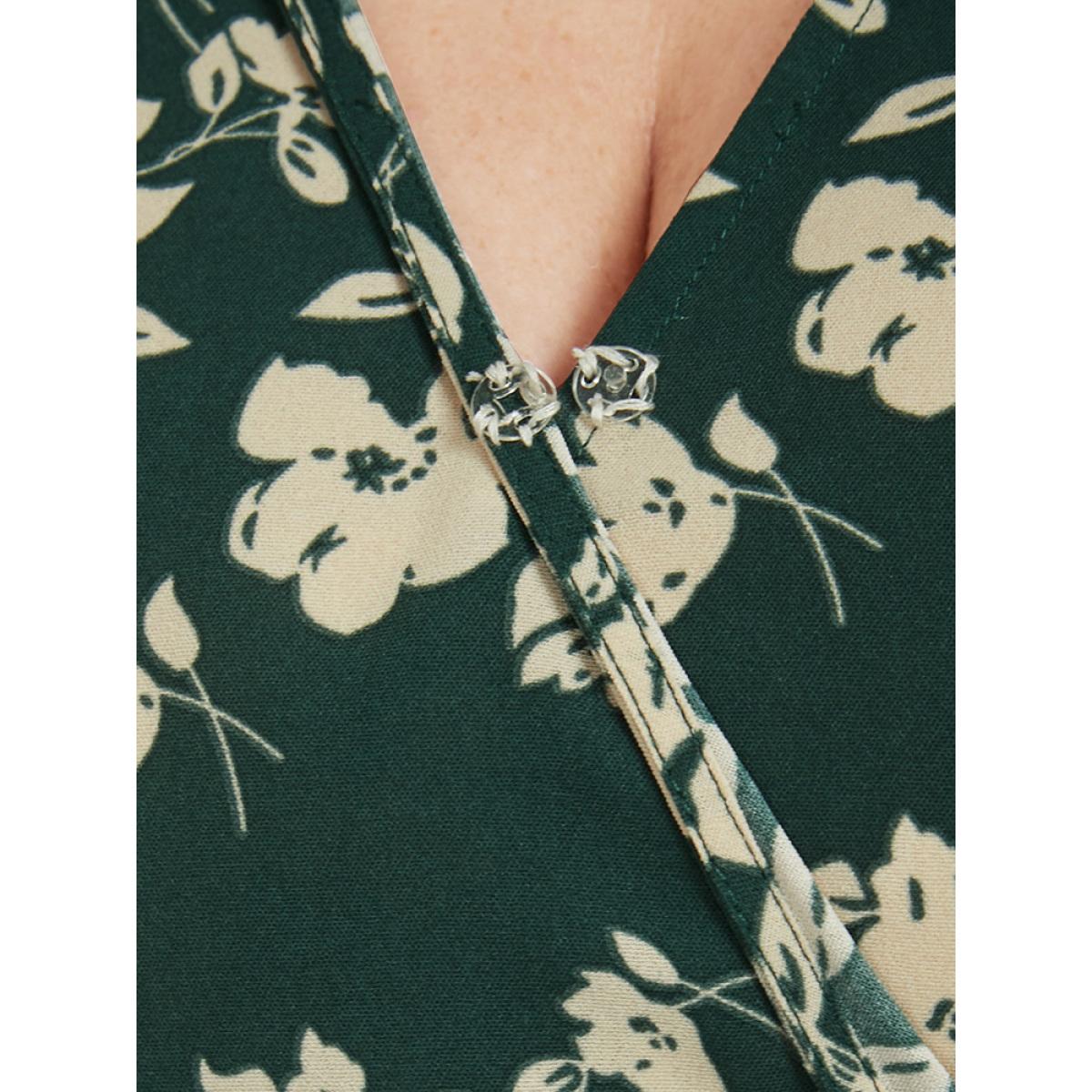 Plus Size Floral Belted Button Ruffled Wrap Knee Dress Green Women Elegant Printed V-neck Short sleeve Curvy Knee Dress BloomChic 28/5X Product Image