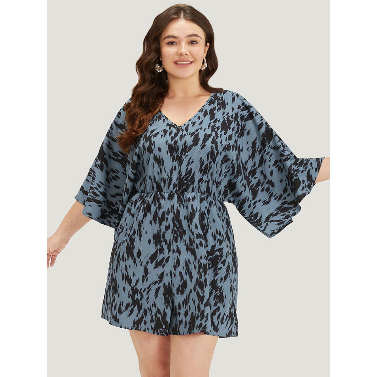 Plus Size Stone Leopard Print Flounce Sleeve Pocket Elastic Waist Jumpsuit Women Vacation Half Sleeve V-neck Dailywear Loose Jumpsuits BloomChic 12/L Product Image
