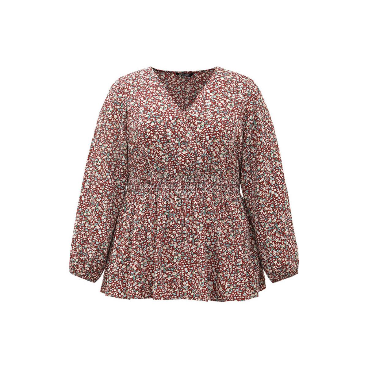Plus Size Scarlet Ditsy Floral Lantern Sleeve Shirred Blouse Women Elegant Long Sleeve V-neck Dailywear Blouses BloomChic 22-24/3X Product Image