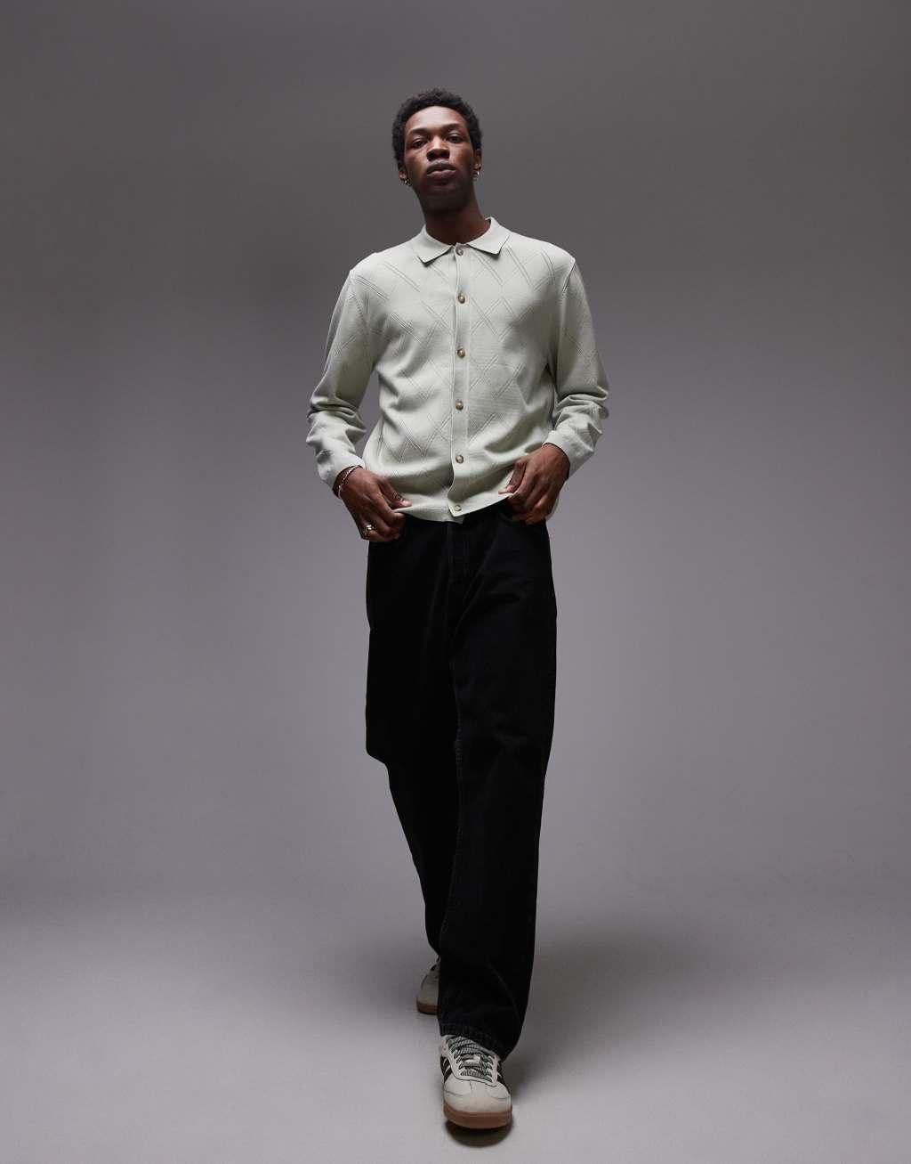 Topman long sleeve knit pattern crochet shirt in black Product Image