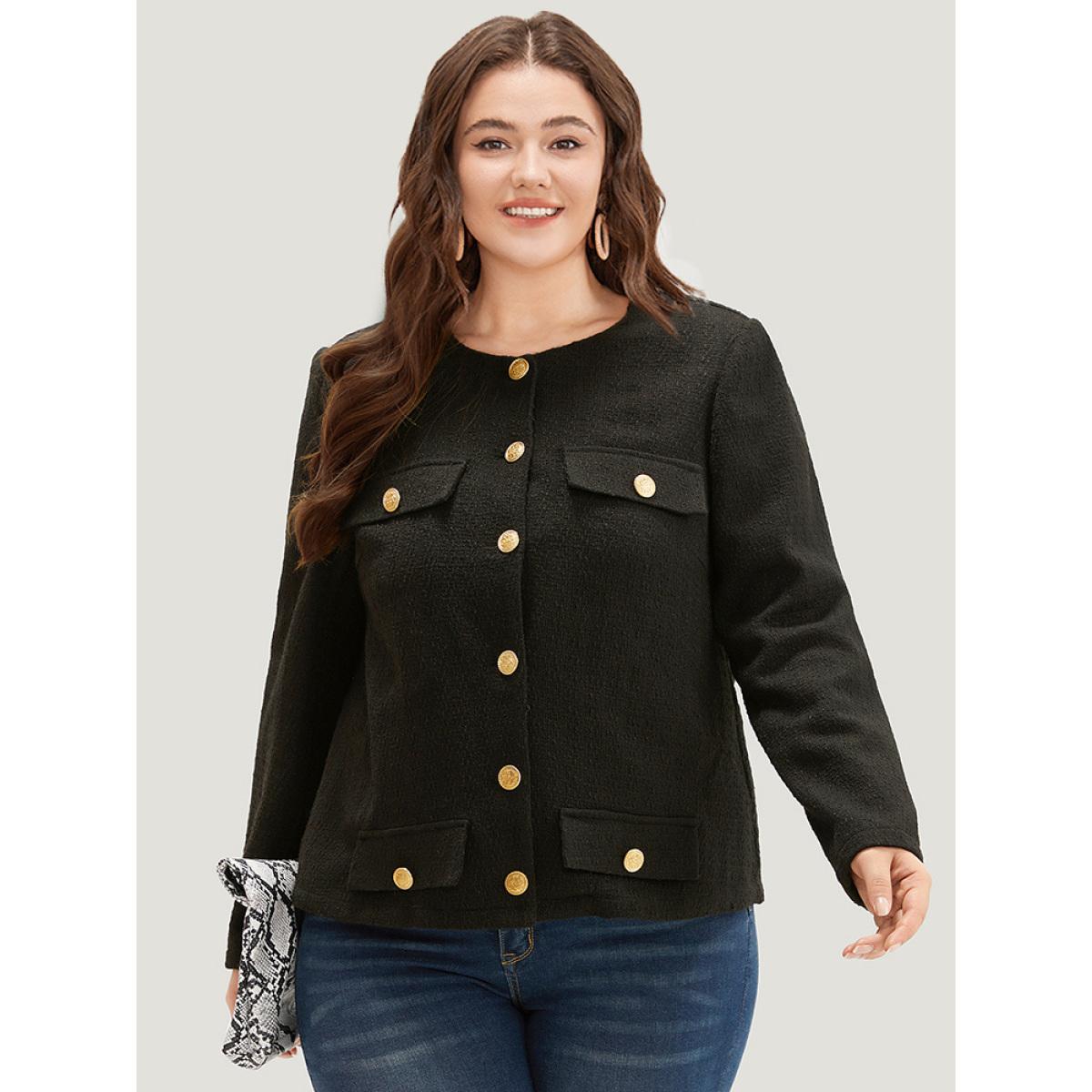 Plus Size Plain Tweed Texture Buckle Detail Blazer Women Black Texture Office Jackets BloomChic 10/M Product Image