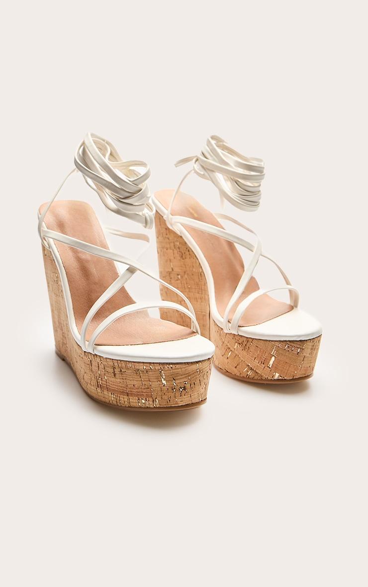 White Pu Strappy Lace Up High Heel Cork Wedges Product Image