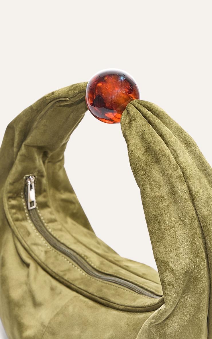 Olive Faux Suede Bead Handle Shoulder Bag Product Image