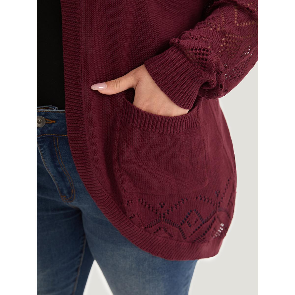 Plus Size Plain Patched Pocket Curved Hem Cardigan Burgundy Women Casual Long Sleeve Dailywear Cardigans BloomChic 28/5X Product Image
