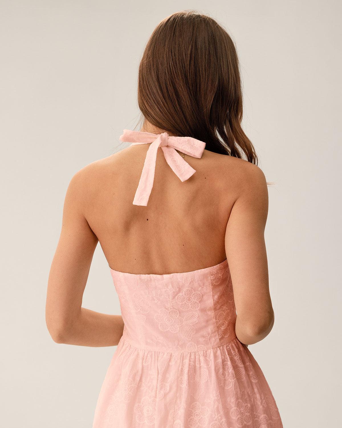 Pink Embroidery Halter Midi Dress Product Image