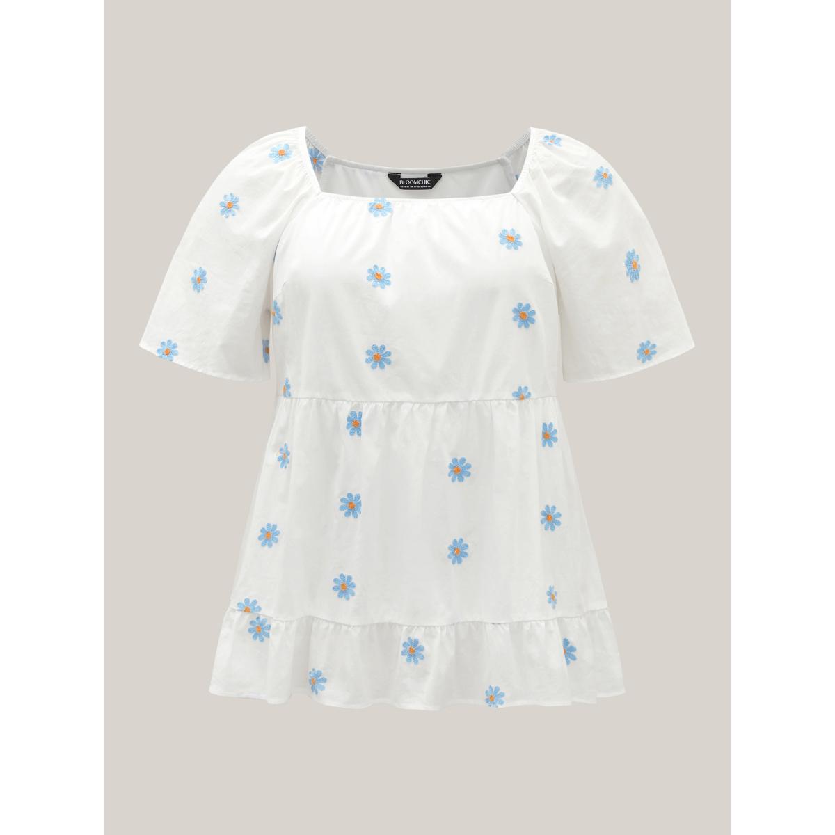 Plus Size WhiteSmoke Floral Embroidered Ruffled Hem Doll Shirt Women Timeless Short sleeve Square Neck Elegant Blouses BloomChic 14-16/1X Product Image