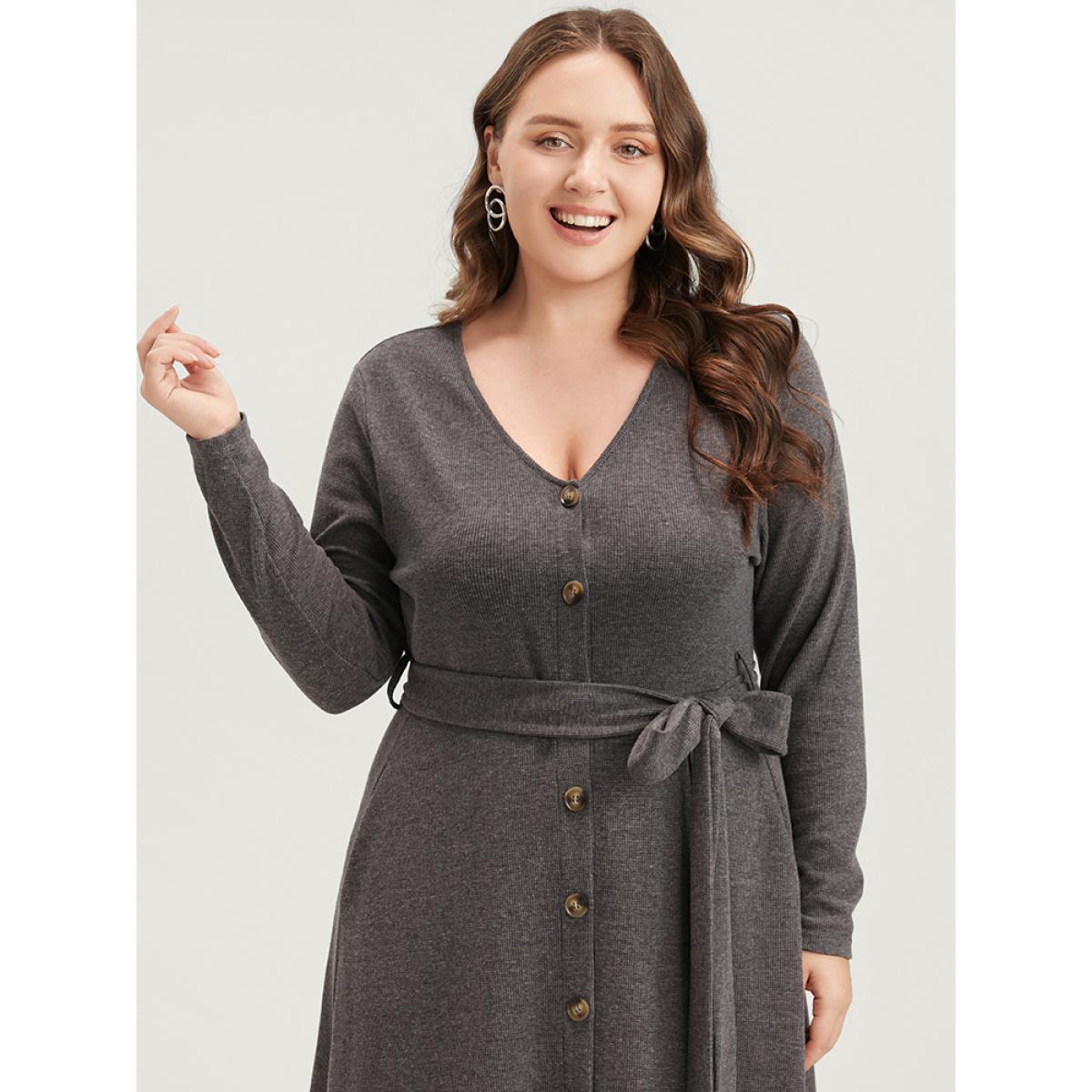 Plus Size Solid Pocket Button Up Belted Rib Knit Dress DarkGray Women Elegant Button V-neck Long Sleeve Curvy Midi Dress BloomChic 14-16/1X Product Image