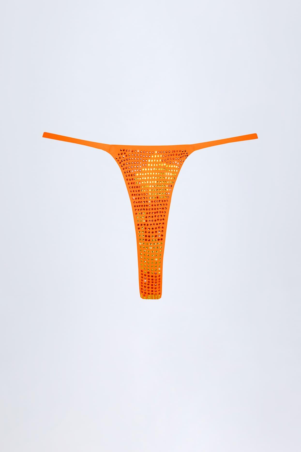 Embellished Thong Bikini Bottoms in Orange Tropical Print Product Image