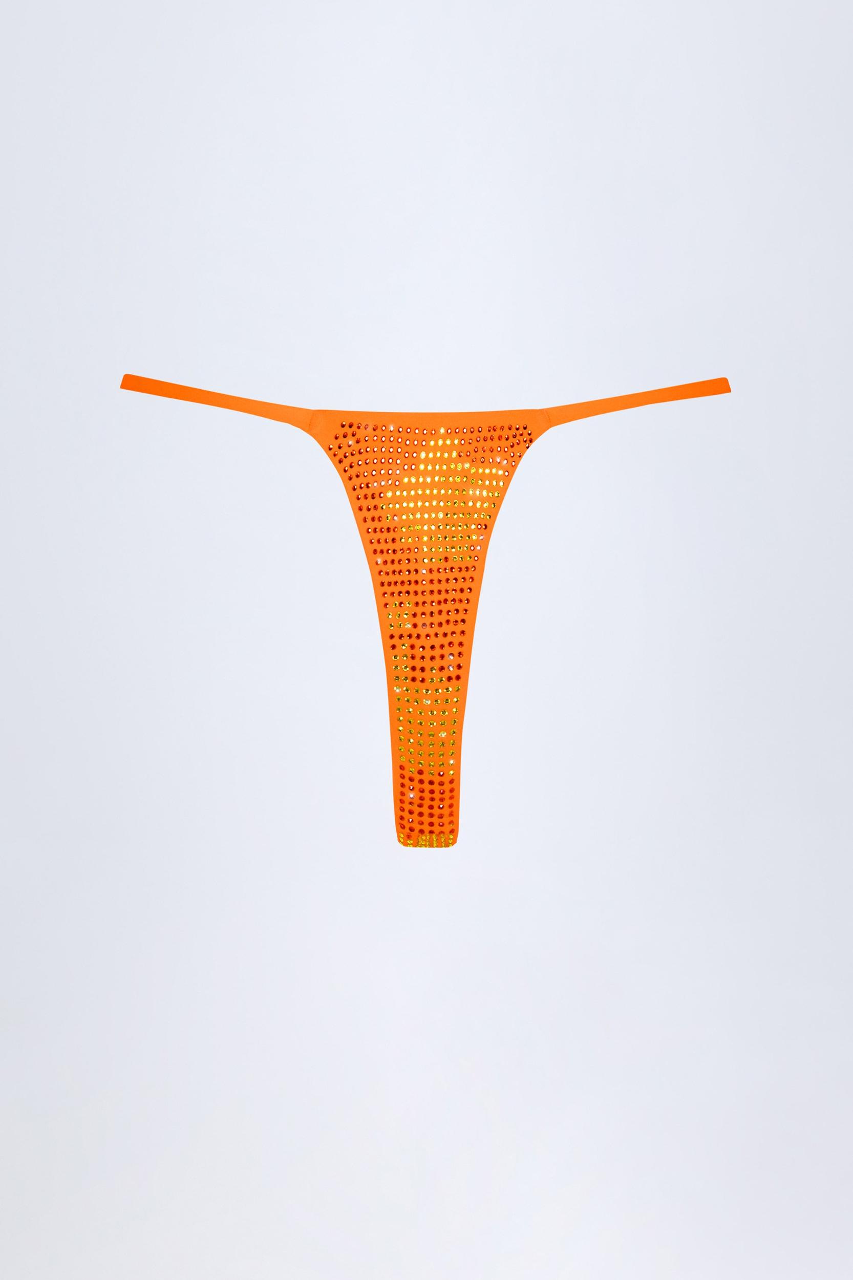 Embellished Thong Bikini Bottoms in Orange Tropical Print Product Image