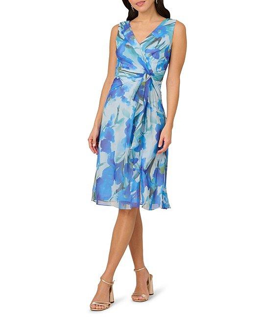 Adrianna Papell Chiffon Floral Print V Neck Sleeveless Front Drape A-Line Midi Dress Product Image