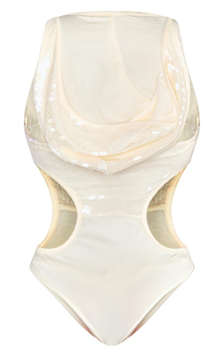 Petite White Sequin Cut Out Bodysuit With Hood Product Image