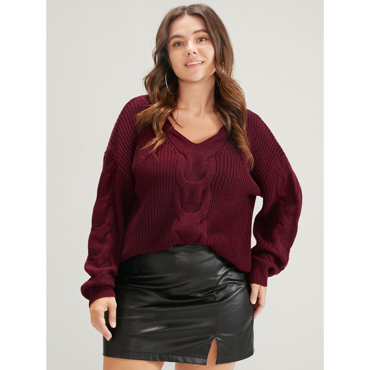 Plus Size Solid Pointelle Knit V Neck Cable Knit Top Scarlet Women Elegant Loose Long Sleeve V-neck Dailywear Pullovers BloomChic 26/4X Product Image