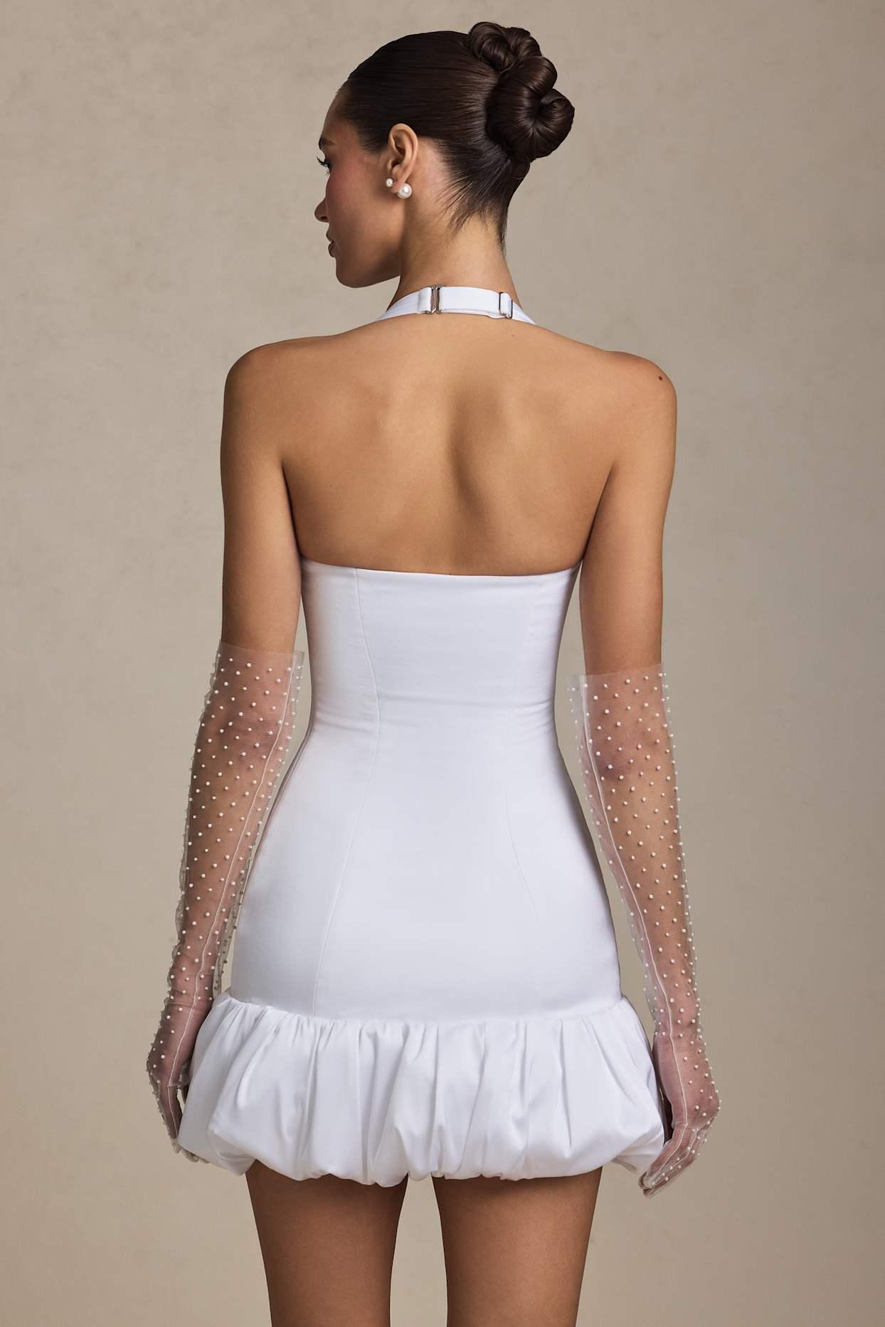 Bow-Detail Halterneck Bubble Hem Mini Dress in White Product Image