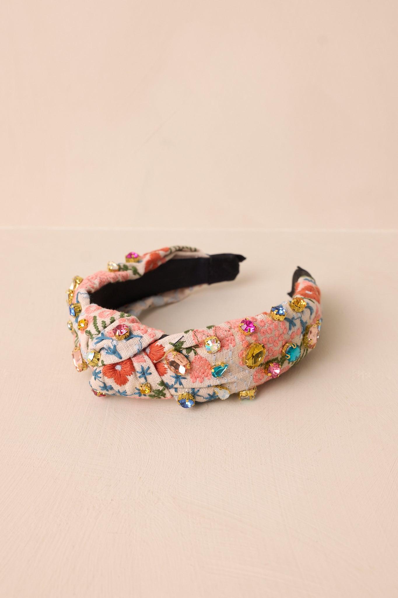 True To Yourself Beige Floral Embroidered Knot Headband Product Image