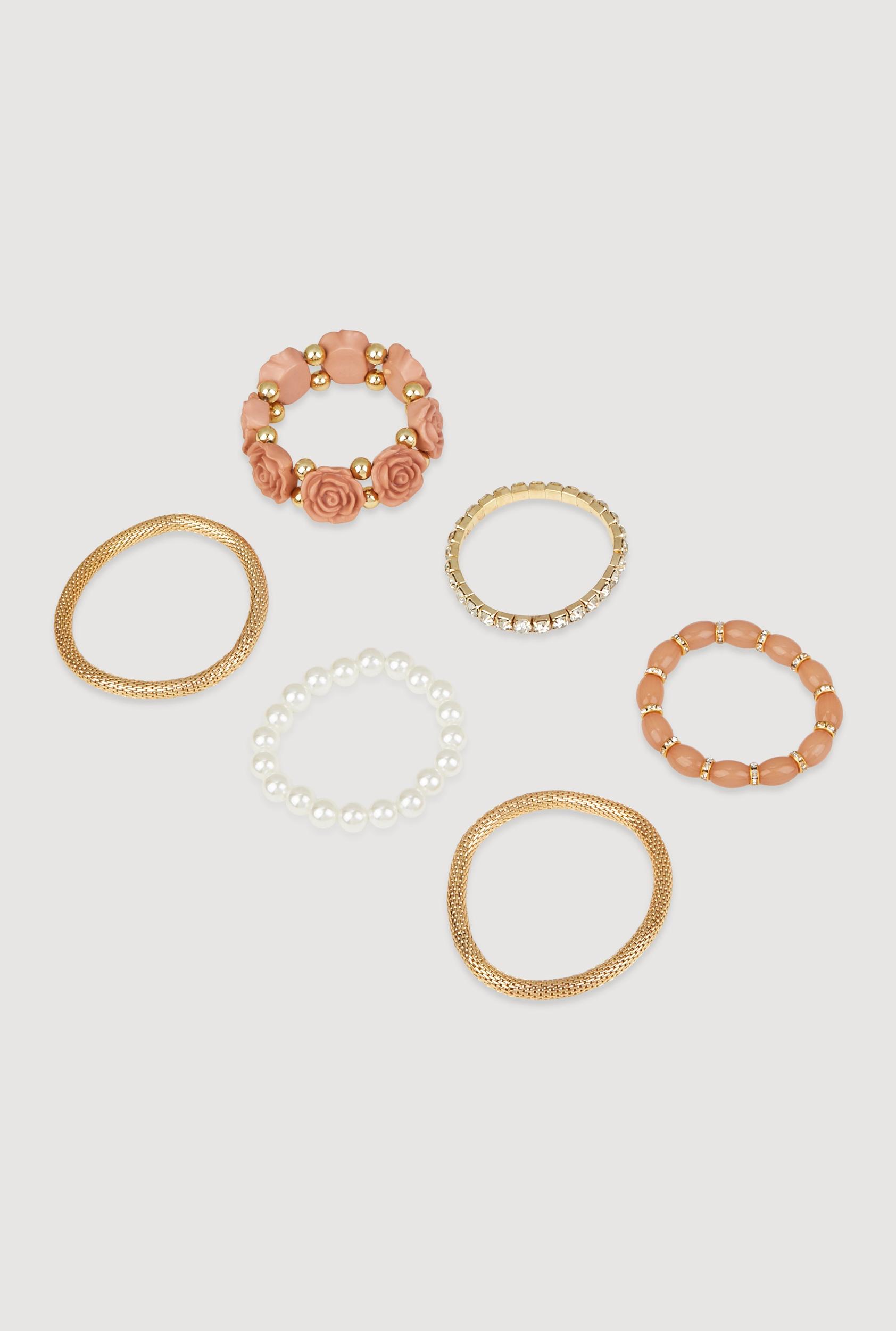 Rose Beaded Faux Pearl Metallic Stretch Bracelets Set of 6 Male Product Image