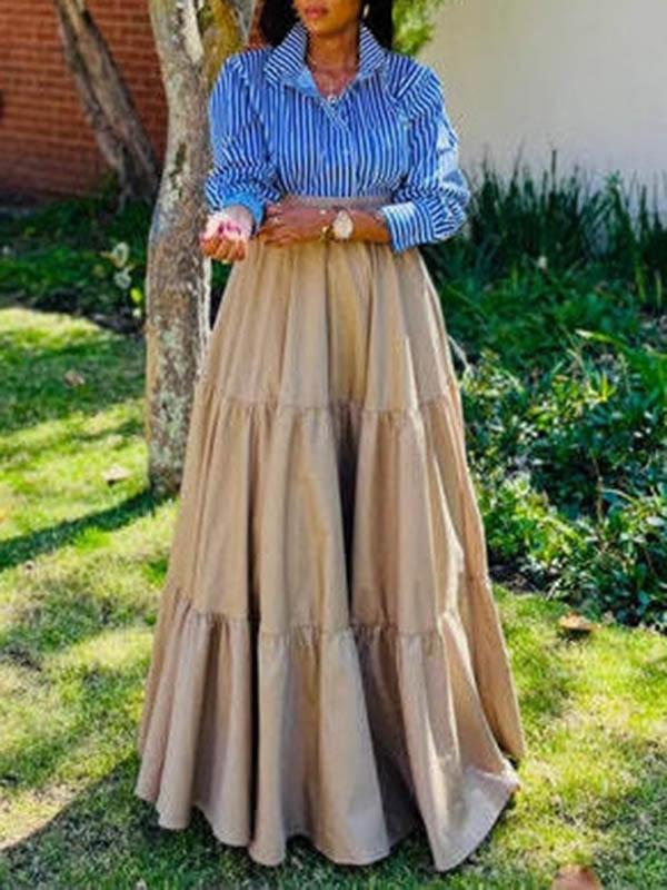 Split-Joint Striped Lapel Blouse + A-Line High Waisted Pleated Skirt Two Pieces Set Product Image