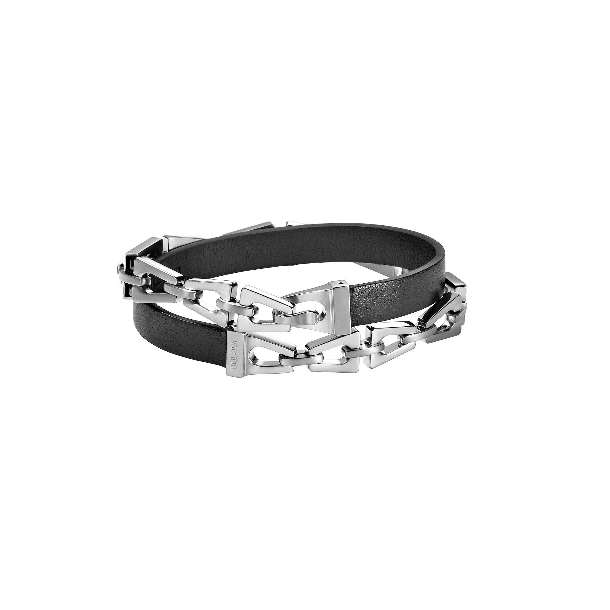 Bulova Mens Classic Black Leather & Stainless Steel Double Wrap Bracelet Multi Product Image