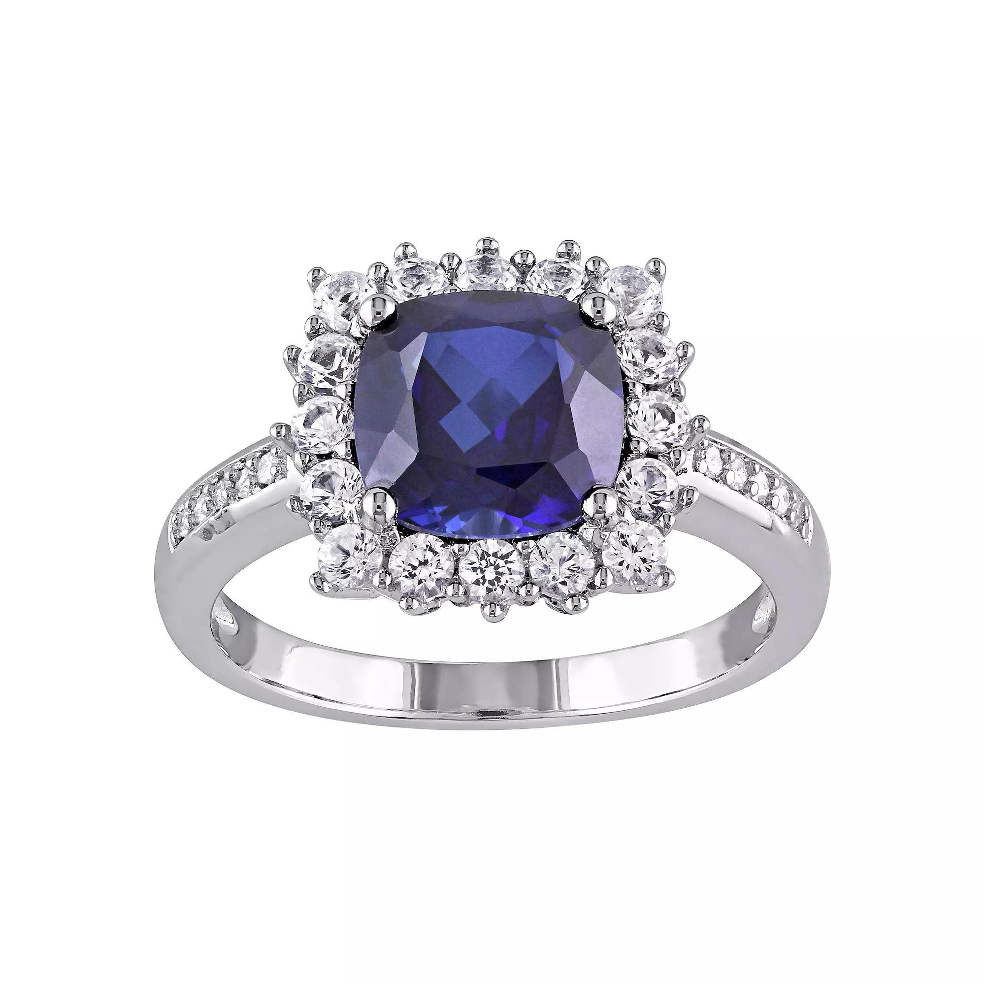 Stella Grace Sterling Silver Lab Created Blue Sapphire, Lab Created White Sapphire & Diamond Accent Halo Ring, Womens Product Image