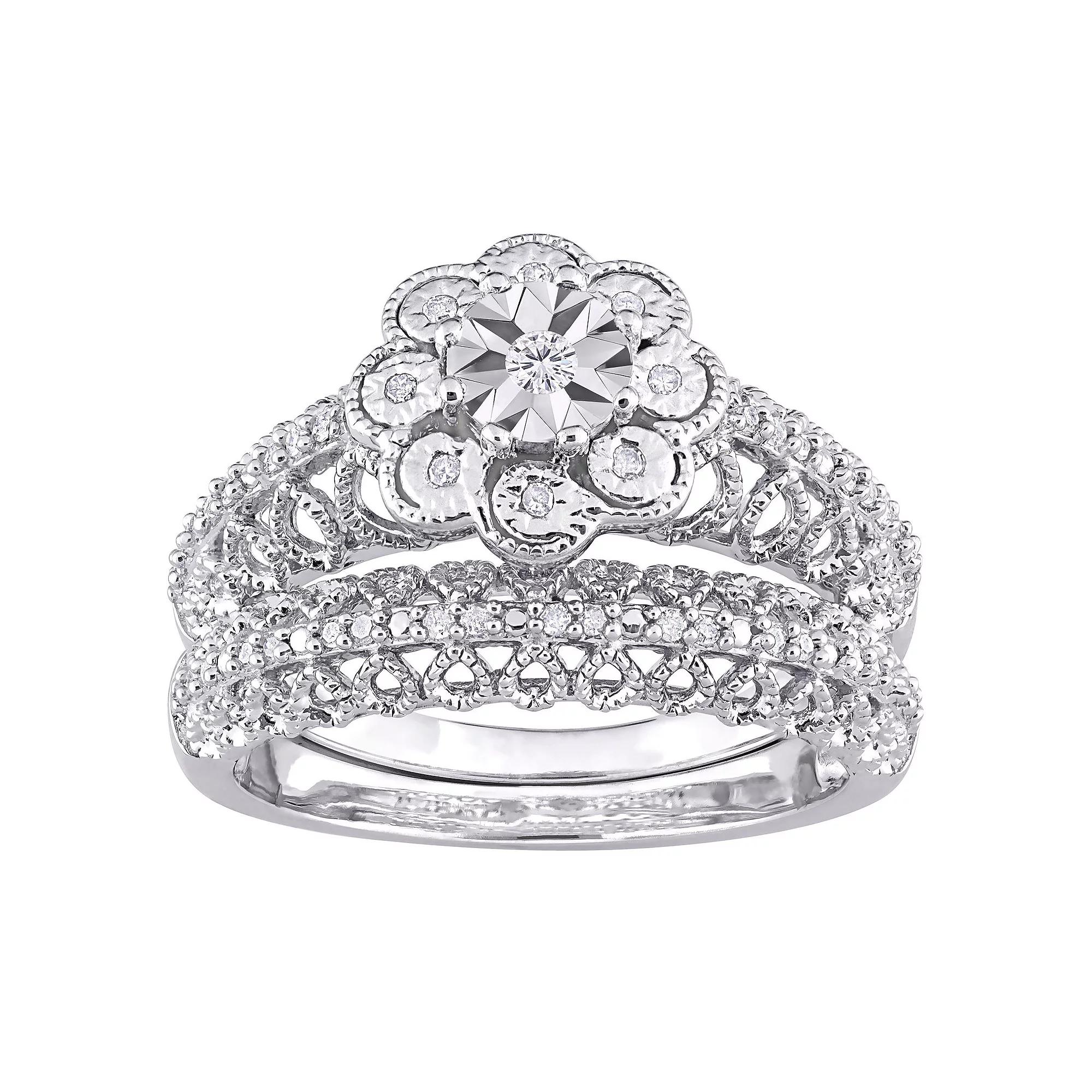 Stella Grace Sterling Silver 1/6 Carat T.W. Diamond Vintage Engagement Ring Set, Women's Product Image