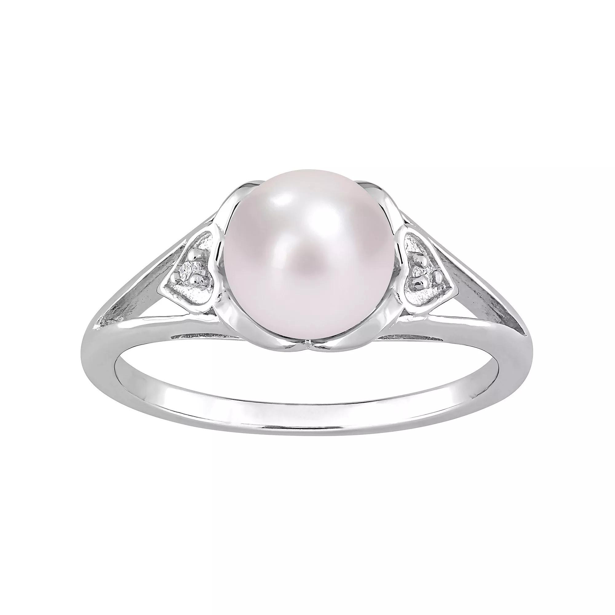 Stella Grace Sterling Silver Freshwater Cultured Pearl & Diamond Accent Split-Shank Ring, Women's, Size: 7 Product Image