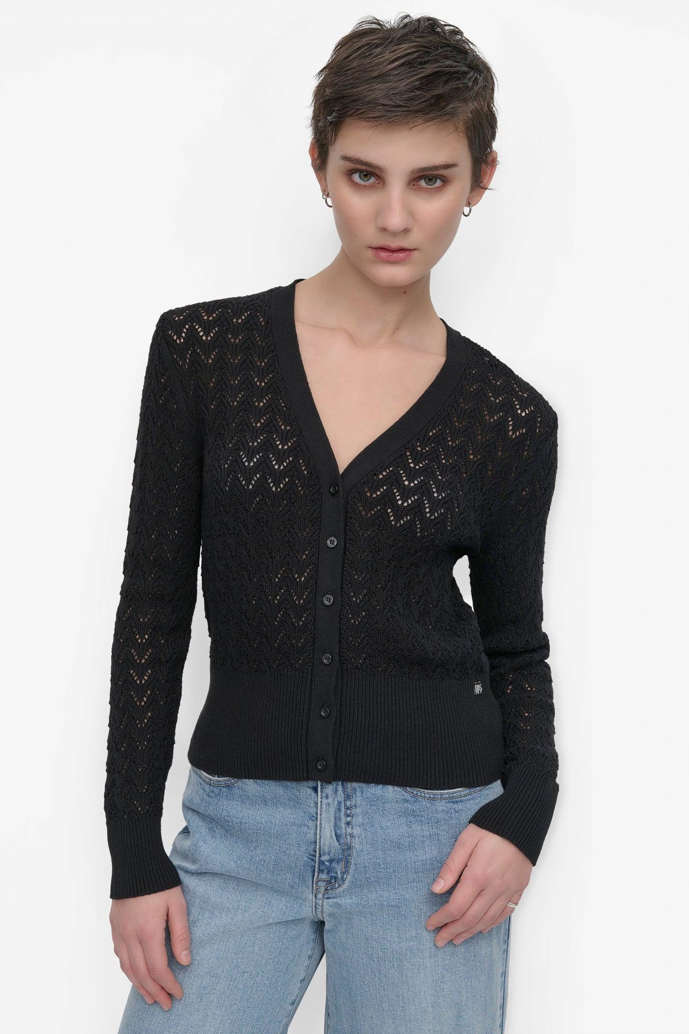 LONG SLEEVE POINTELLE STITCH V NECK CARDIGAN Product Image