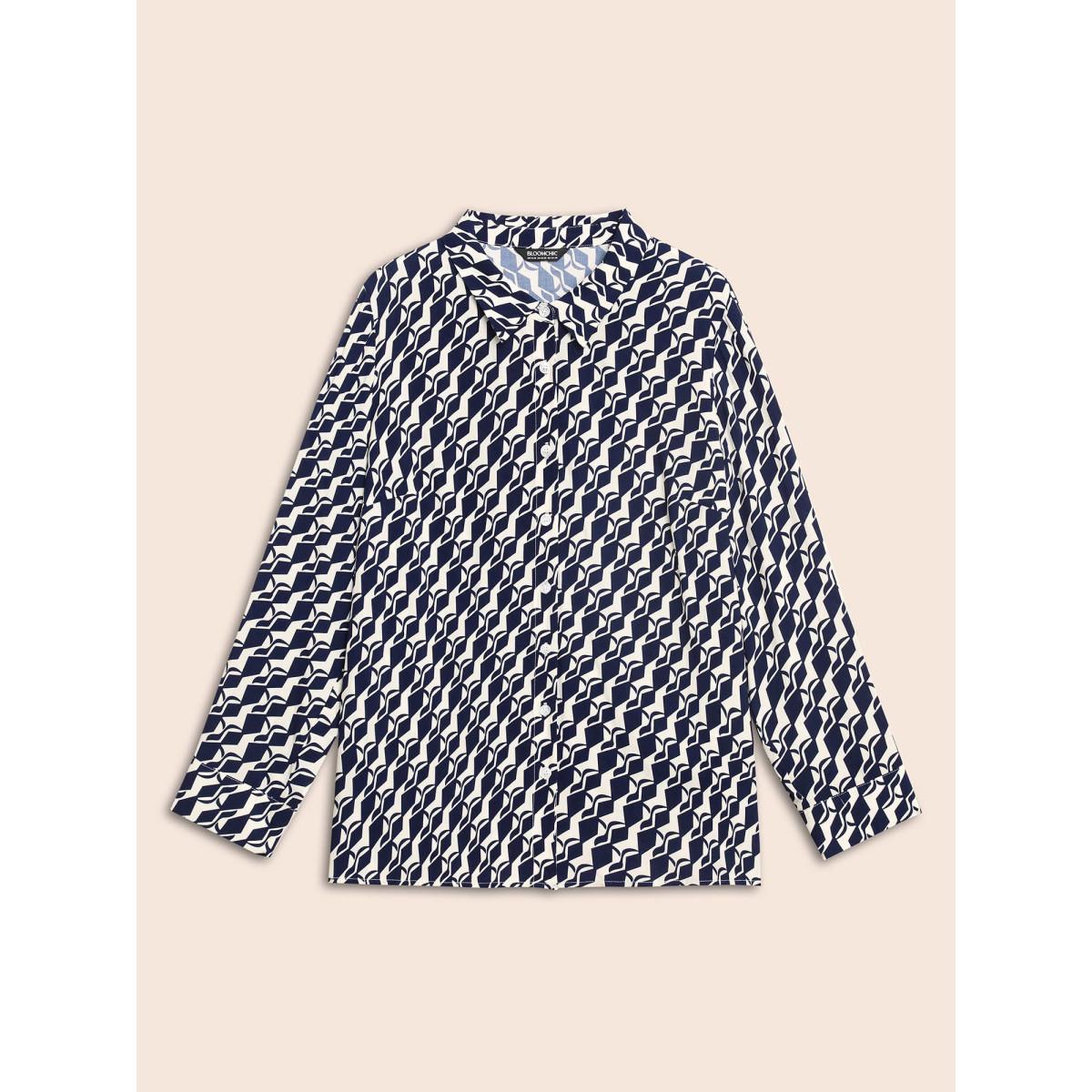 Plus Size Indigo Geometric Shirt Collar Pleated Blouse Women Elegant Long Sleeve Shirt collar Everyday Blouses BloomChic 30/6X Product Image