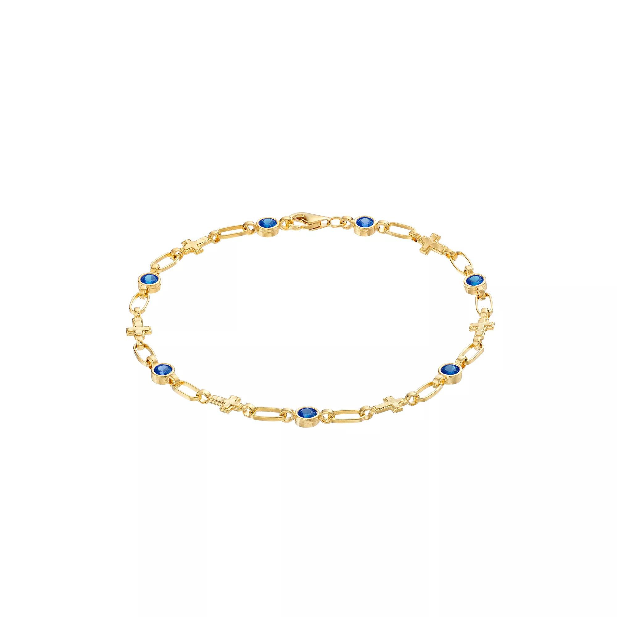 Kristen Kesho 18K Gold Plated Sterling Silver Lab-Created Blue Sapphire Cross Bracelet, Women's, Size: 7.5", Gold Tone Product Image