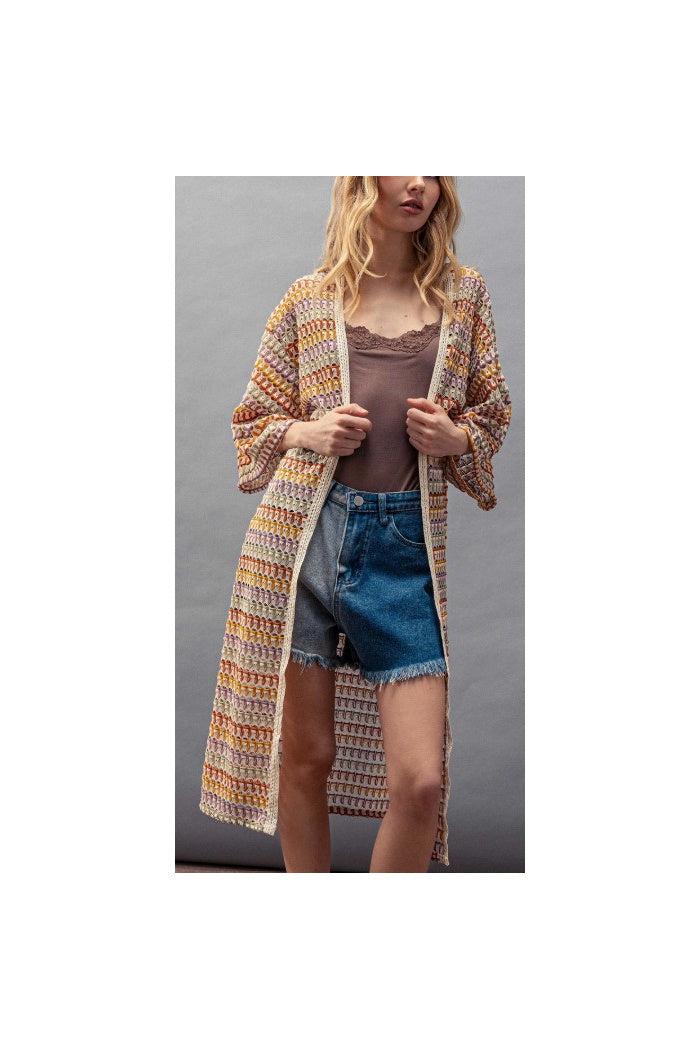 Geometric Crochet Kimono Sleeve Midi Cardigan Product Image