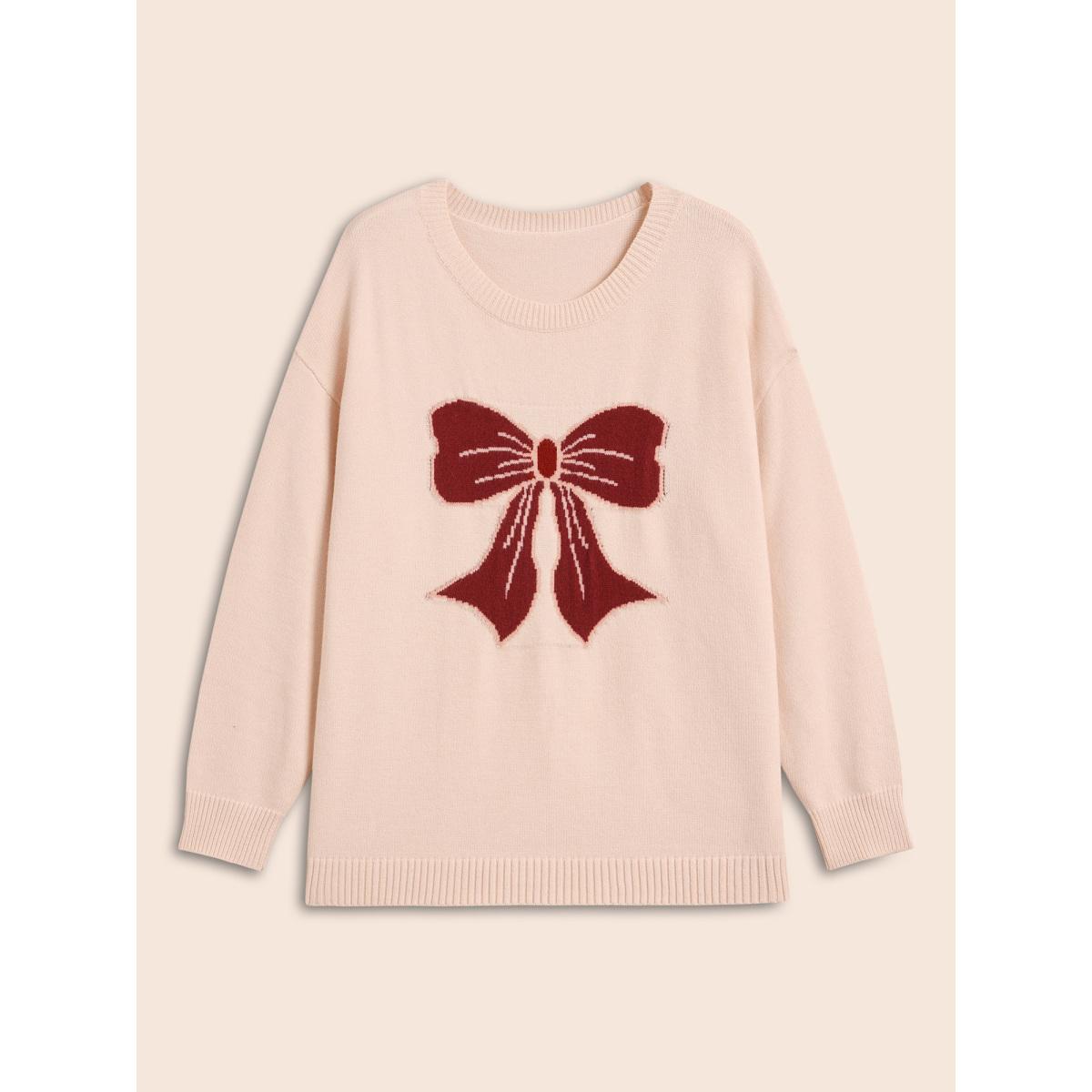 Plus Size Embroidered Bow Tie Drop Shoulder Pullover MistyRose Women Playful Loose Long Sleeve Round Neck Casual Pullovers BloomChic 30/6X Product Image