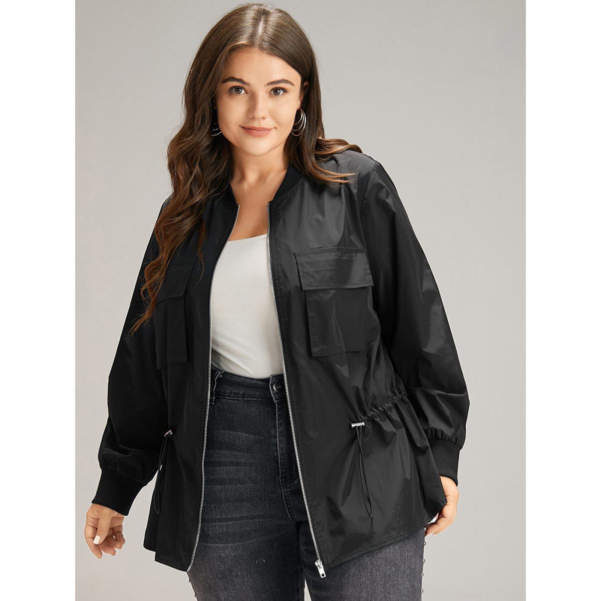 Plus Size Wind-Resistant Zipper Fly Drawstring Jacket Women Black Plain Pocket Dailywear Jackets BloomChic 12/L Product Image