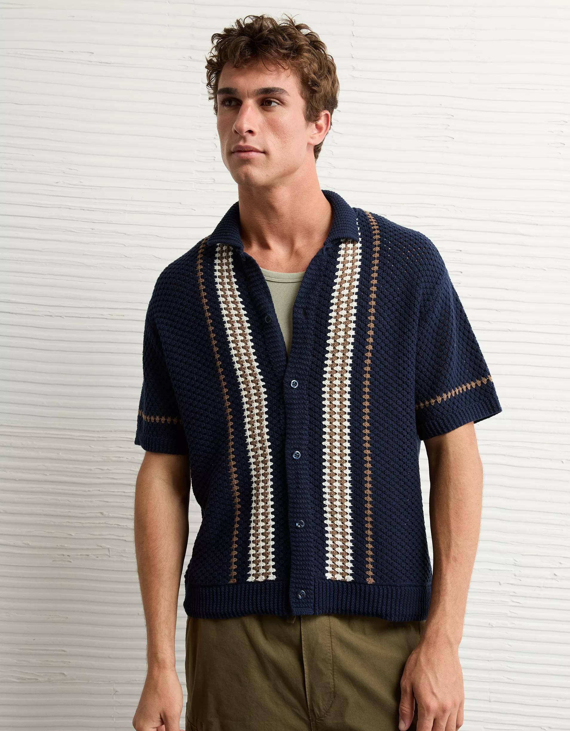 AE Weekend Crochet Button-Up Sweater Polo Shirt Product Image